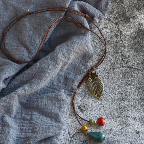 民族风手工编织陶瓷毛衣链项链