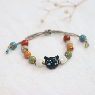 森系可爱猫头鹰手链民族风景德镇陶瓷珠手串学生闺蜜编织中式 465