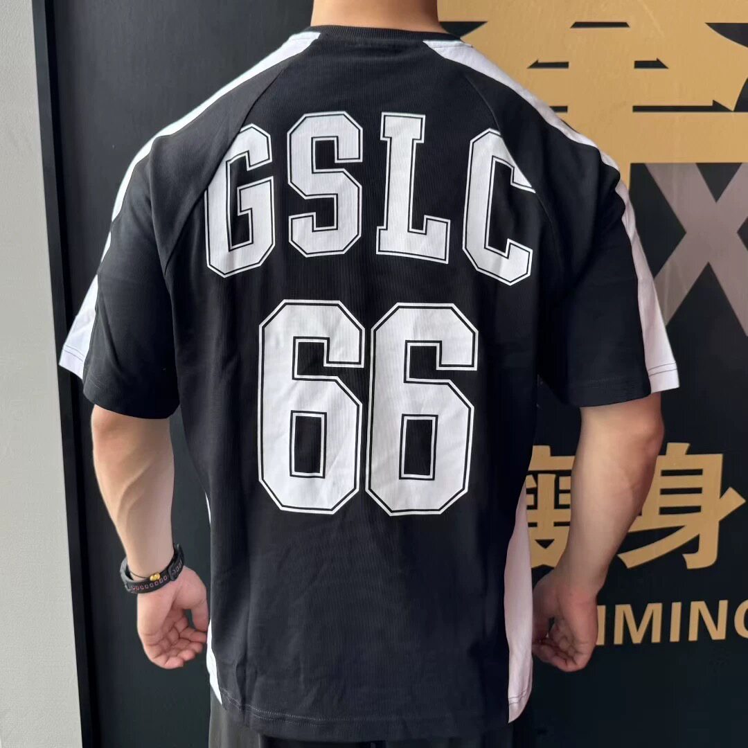 GYMSHARK鲨鱼GSLC学院风纯棉撞色宽松T恤男女运动拼接五分袖短袖