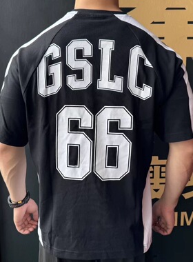 GYMSHARK鲨鱼GSLC学院风纯棉撞色宽松T恤男女运动拼接五分袖短袖