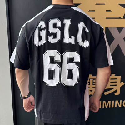 GYMSHARK鲨鱼GSLC学院风纯棉撞色宽松T恤男女运动拼接五分袖短袖