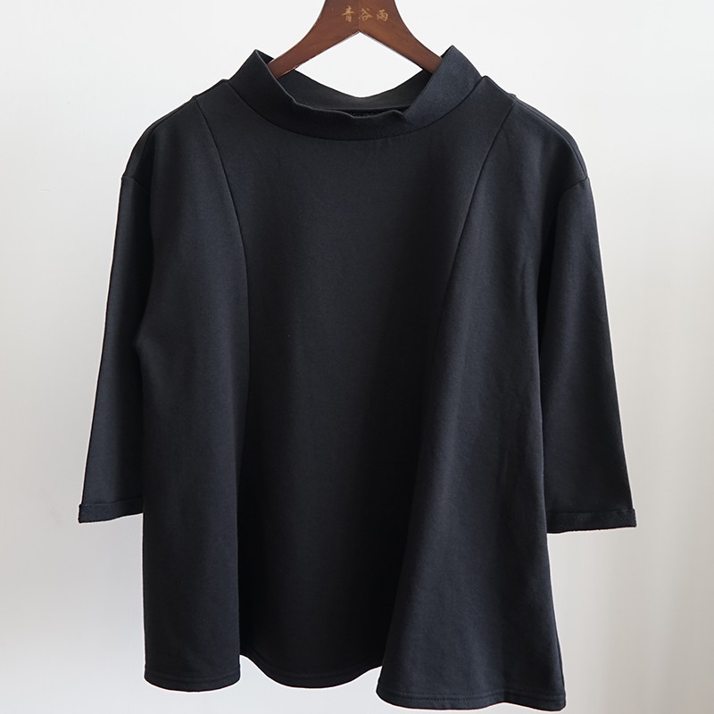 l码日系女士小立领七分袖t恤气质黑色春秋季显瘦宽松上衣女装9296