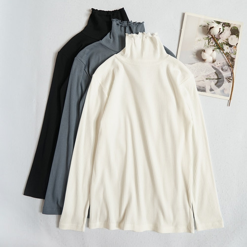 高领纯棉罗纹棉日系新款长袖T恤