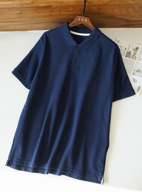 3L日系大码男士翻领短袖T恤POLO衫珠地棉商务休闲上衣深蓝 T501