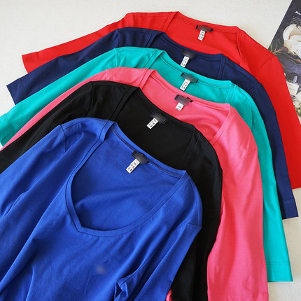 微瑕高货D4女士T恤V领五分袖修身圆领短袖女装上衣T388弹力打底衫