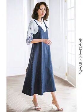 日系显瘦女士吊带背心裙A字版收腰中长连衣裙竖条纹文艺女裙8385
