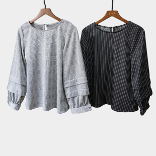 T恤宽松圆领竖条纹8399 长袖 日系女士春秋款 通勤休闲灯笼袖