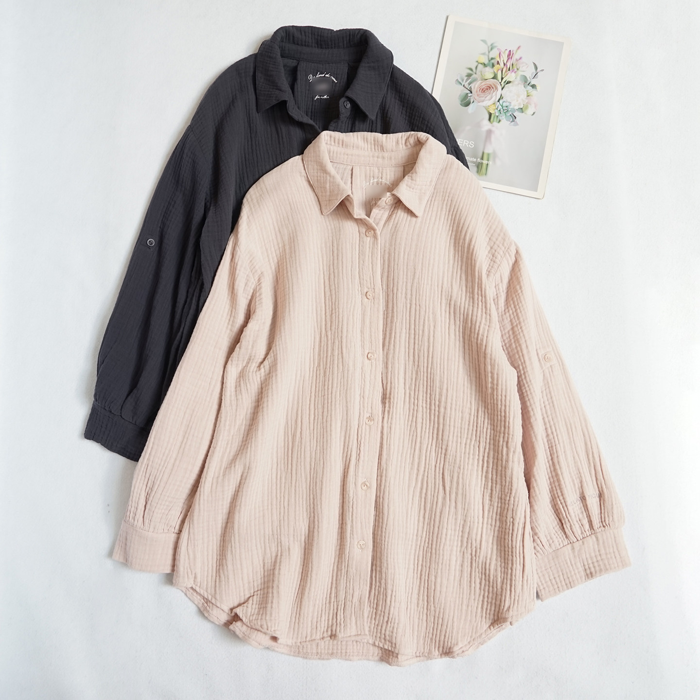 女士纯棉双层纱布棉纱线系列宽松长袖衬衫衬衣休闲家居服均码C06