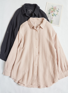 女士纯棉双层纱布棉纱线系列宽松长袖衬衫衬衣休闲家居服均码C06