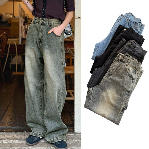 瑕疵出口单时尚宽松女高腰直筒裤