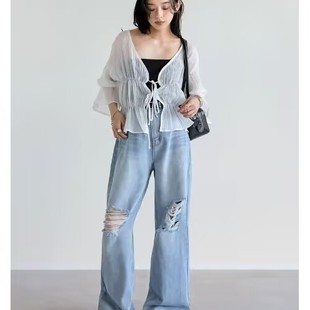 纯棉破损破洞牛仔裤 长裤 宽松直筒裤 日系女裤 K217 阔腿裤 时髦新款