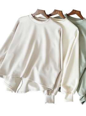 别致设计感时尚显瘦宽松长袖T恤日系纯色女士小众前短后长T080