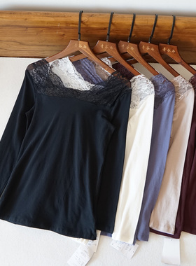 日系纯棉打底衫蕾丝V领九分袖T恤女修身春秋冬内衣酒红有大码T062