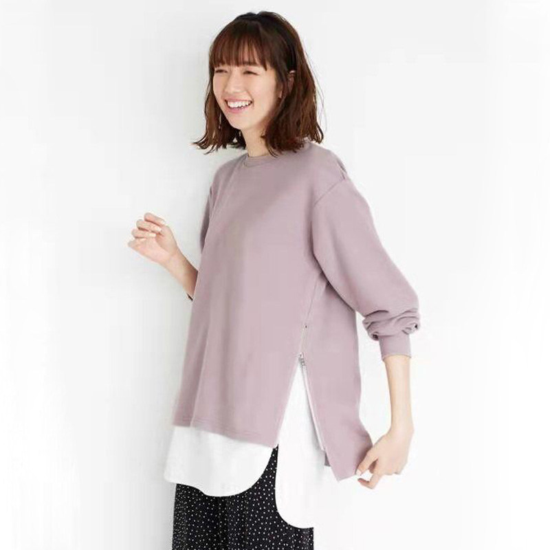 日系高货 别致侧拉链中长款女士卫衣有大码长袖时尚宽松卡其T099