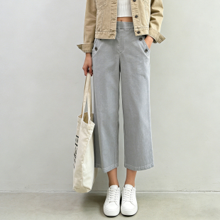 细条纹宽松直筒裤 八分裤 高腰宽腿裤 女装 子ZK03 日系新款 裤 春夏季