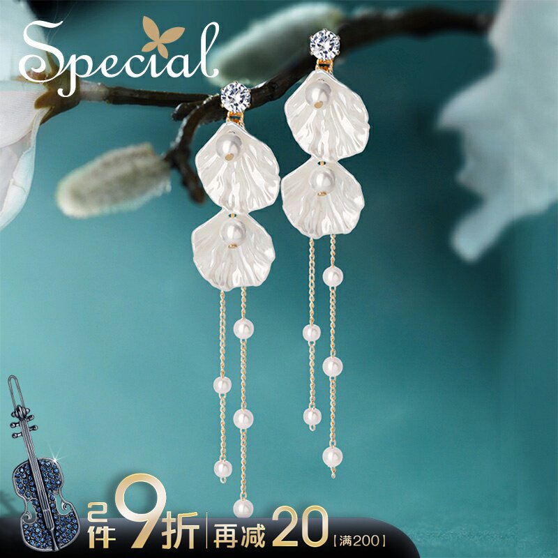 Special925银耳环耳钉无耳洞耳夹女长款流苏贝壳耳饰2020年新款潮
