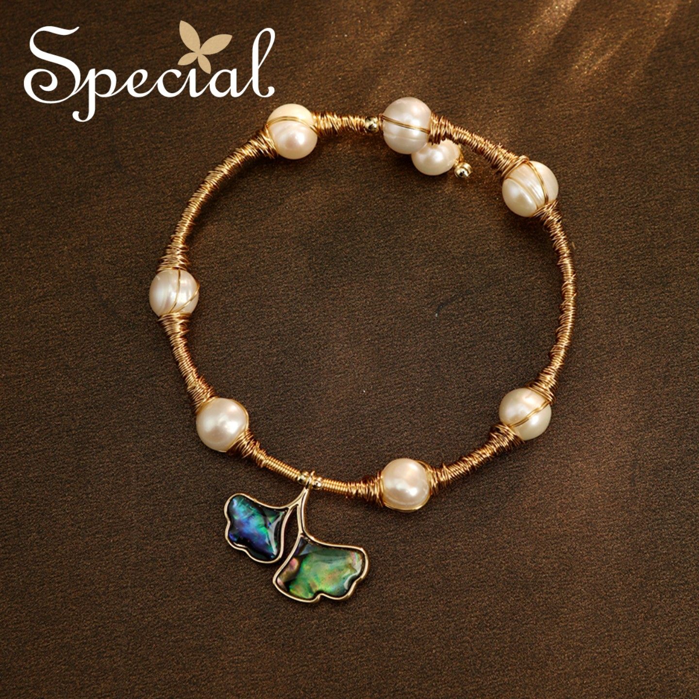 SPECIAL开口手镯女士镯子银杏叶淡水珍珠贝壳手饰配饰2026年新款