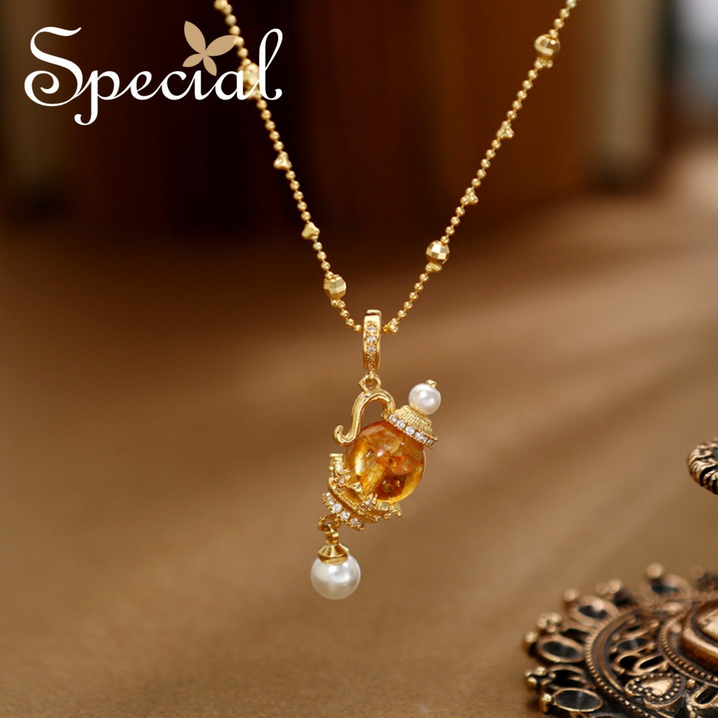 SPECIAL复古香水瓶黄水晶项链颈链百搭气质锁骨链首饰2026年新款