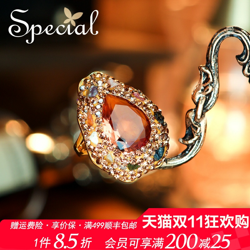 SPECIAL复古重工轻奢气质开口可调节碧玺戒指指环手饰女2025新款