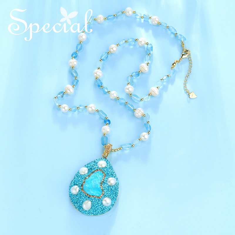 SPECIAL重工时尚设计海蓝宝淡水珍珠女坠链项链长款项链2026礼物