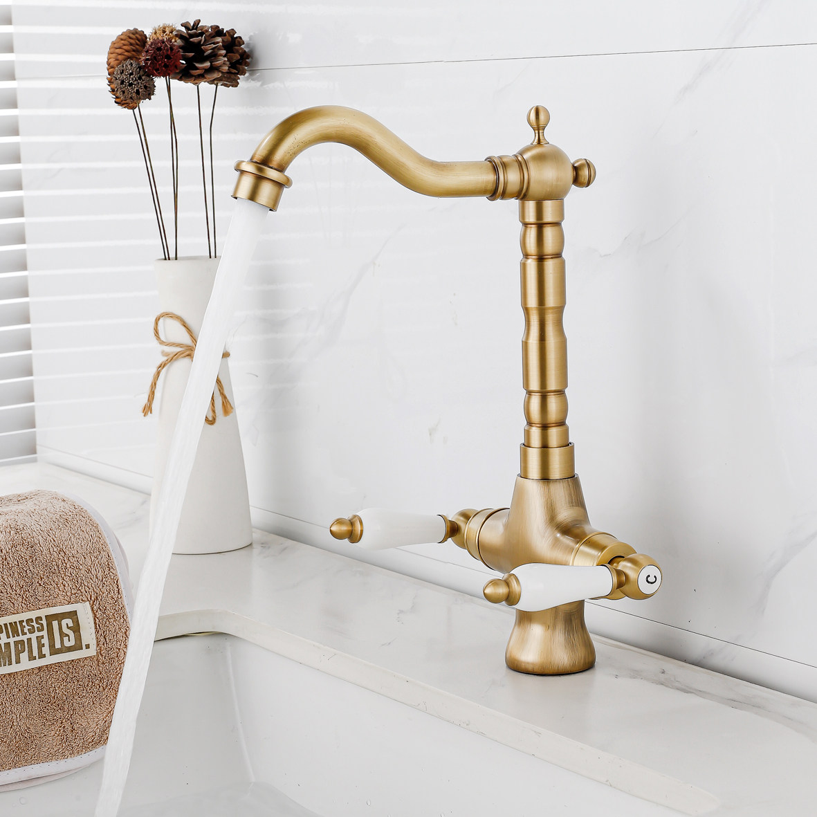 铜仿古双陶瓷把手面盆龙头座式冷热水龙头欧式复古简约面盆水龙头