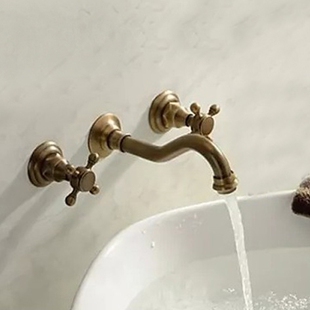 黄铜拉丝陶瓷片仿古入墙式 龙头洗手盆 三孔龙头双把双控冷热面盆