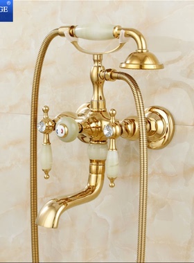 铜金色浴缸龙头欧式淋浴花洒缸边水龙头电话机喷头挂座玉石花洒