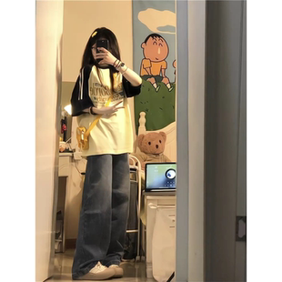 纯棉美式撞色短插肩短袖t恤女大童初中高中学生宽松百搭半袖上衣