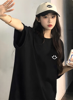 纯棉短袖t恤女2025新款爆款夏季黑色宽松半袖漂亮独特绝美上衣