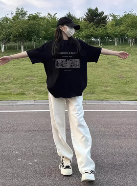 宽松黑色短袖t恤女夏季2025新款爆款纯棉美式半袖体恤潮小衫上衣