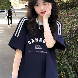 美式插肩三条杠短袖t恤女大童夏季初中高中学生纯棉宽松半袖上衣