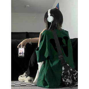 复古宽松纯棉半袖 墨绿色短袖 美式 2025新款 上衣设计感潮 t恤女夏季