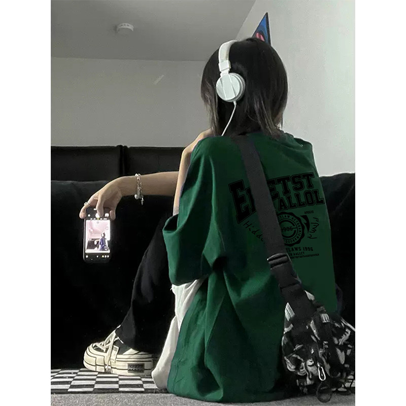 墨绿色短袖t恤女夏季美式痞帅宽松设计感小众纯棉半袖上衣ins潮牌