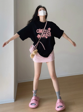 黑色短袖t恤女2025新款爆款纯棉宽松正肩夏季上衣女生高级感半袖