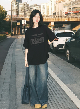 黑色短袖t恤女2025新款爆款纯棉夏季设计感半袖美式慵懒chic上衣