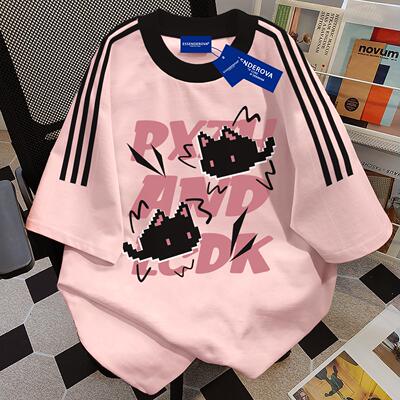 美式潮酷黑色小猫纯棉短袖T恤女