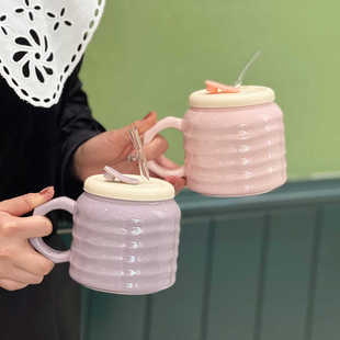 芋泥波波陶瓷马克杯带盖子大容量家用水杯早餐杯带吸管女生礼物
