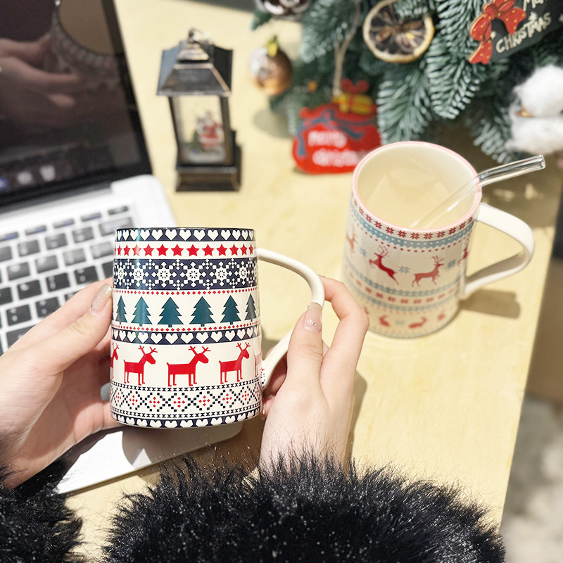 麋鹿圣诞主题创意陶瓷马克杯高颜值可爱卡通家用情侣喝水杯子精致
