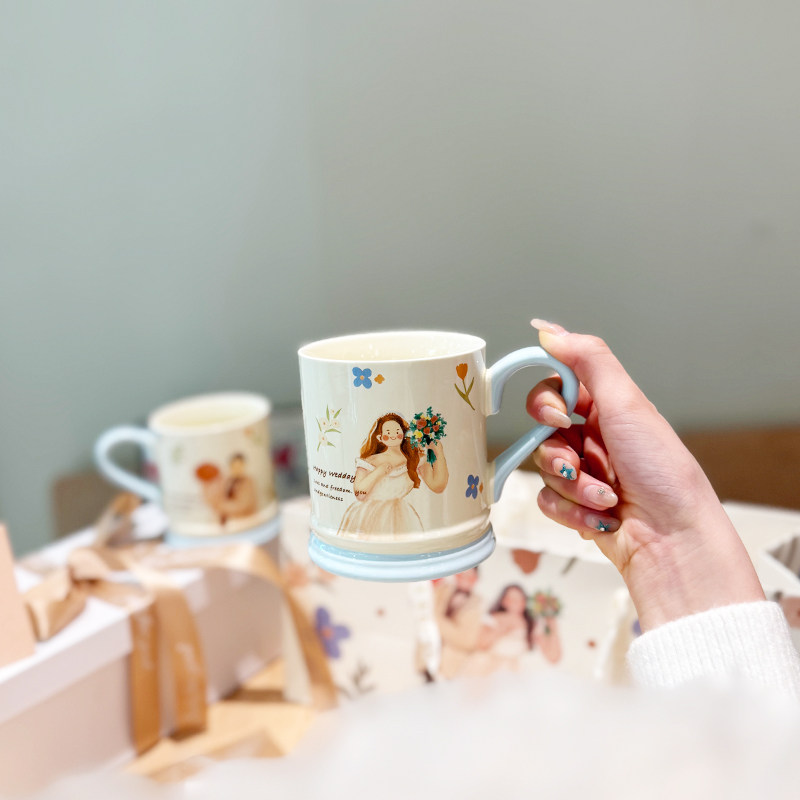 可爱卡通情侣陶瓷对杯高颜值家用小众创意结婚新婚礼物伴手礼精致