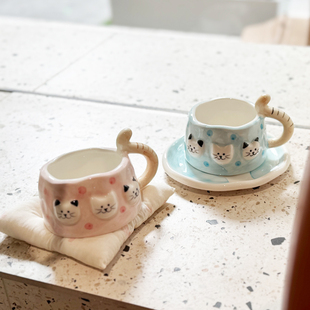 立体猫咪陶瓷杯碟套装可爱创意高颜值下午茶咖啡杯礼物伴手礼精致