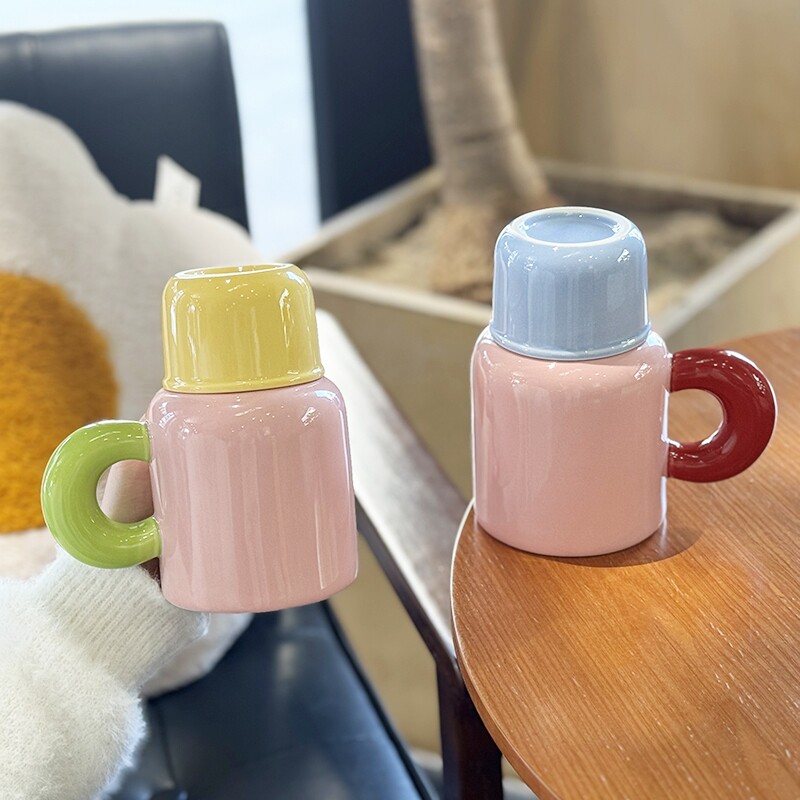 创意QQ壶陶瓷带盖大容量高颜值可爱多巴胺彩色马克杯子家用喝水杯