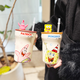 海绵宝宝与派大星系列带盖陶瓷马克杯大容量家用情侣喝水杯子精致