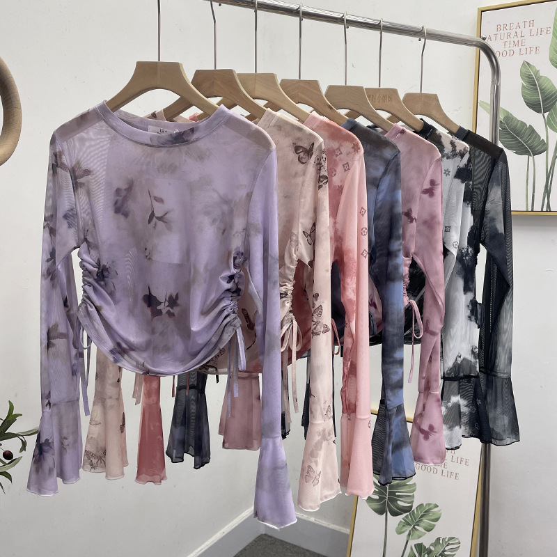 圆领扎染两侧抽绳长袖网纱上衣 短款花色喇叭袖套头休闲t恤衫女夏,女装/女士精品,T恤,淘宝优惠券,粉丝福利购,淘宝优惠卷