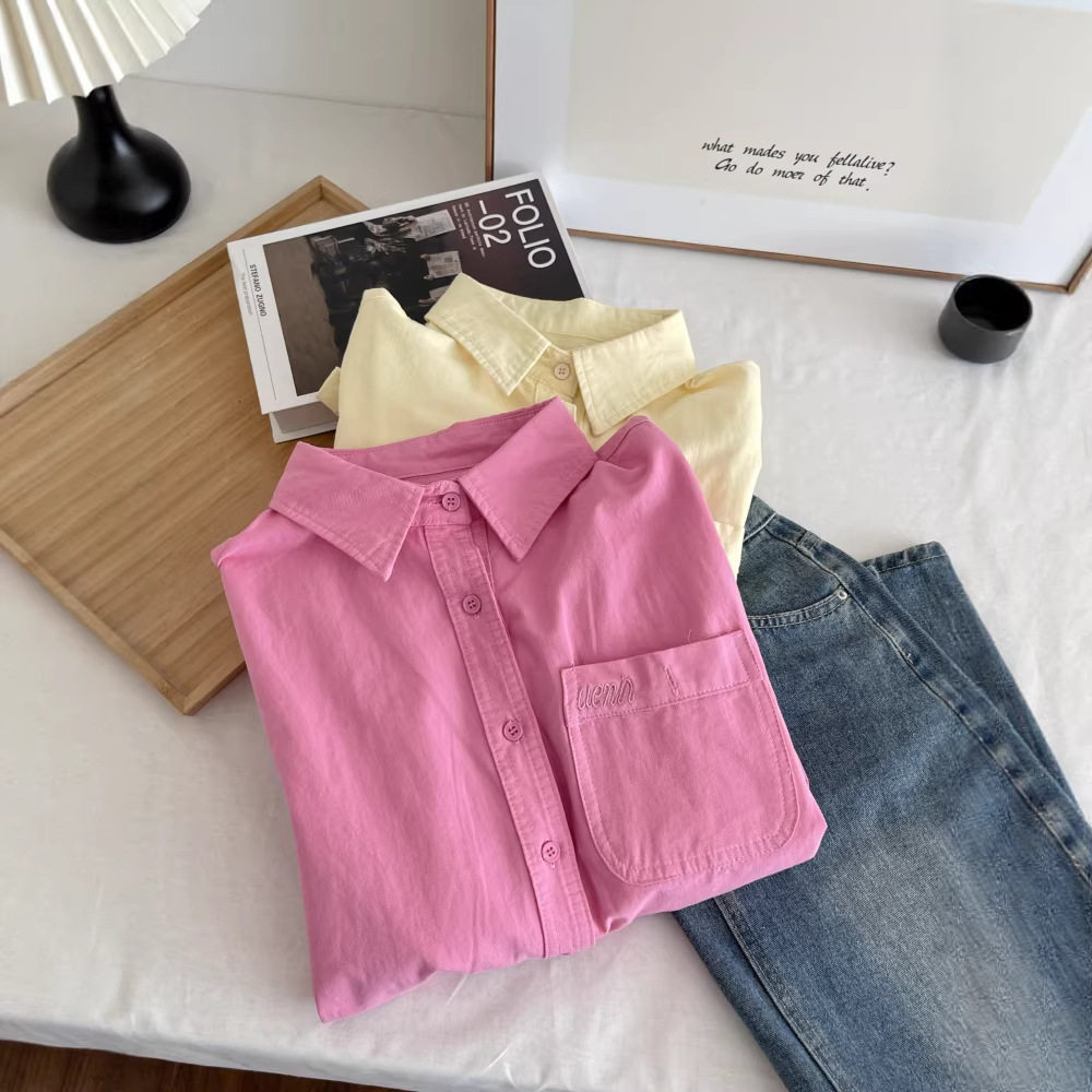 小清新棉质翻领口袋字母刺绣长袖衬衫 宽松排扣休闲上衣开衫女春,女装/女士精品,衬衫,淘宝优惠券,粉丝福利购,淘宝优惠卷