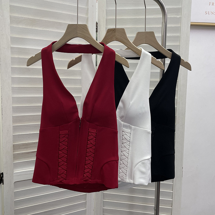 御姐风性感v领低胸拼接穿绳带胸垫挂脖上衣 辣妹拉链露背无袖背心