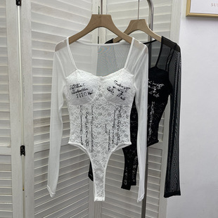 自带胸垫花纹字母印花长袖蕾丝连体衣 网纱拼接透视上衣连裆内搭