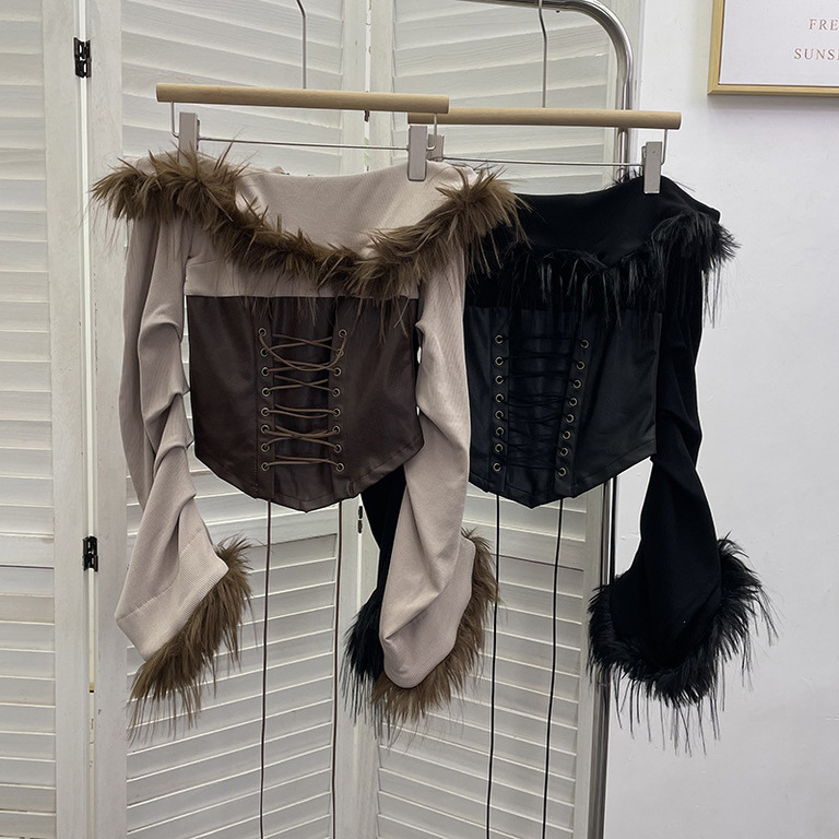 一字肩毛毛拼接pu皮穿绳系带长袖t恤衫 露肩压褶喇叭袖拉链上衣女