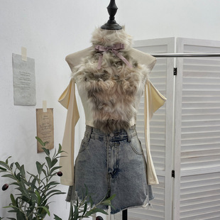 挂袖 高领晕染毛毛拼接蝴蝶结长袖 露背断袖 短款 上衣 挂脖露肩t恤衫