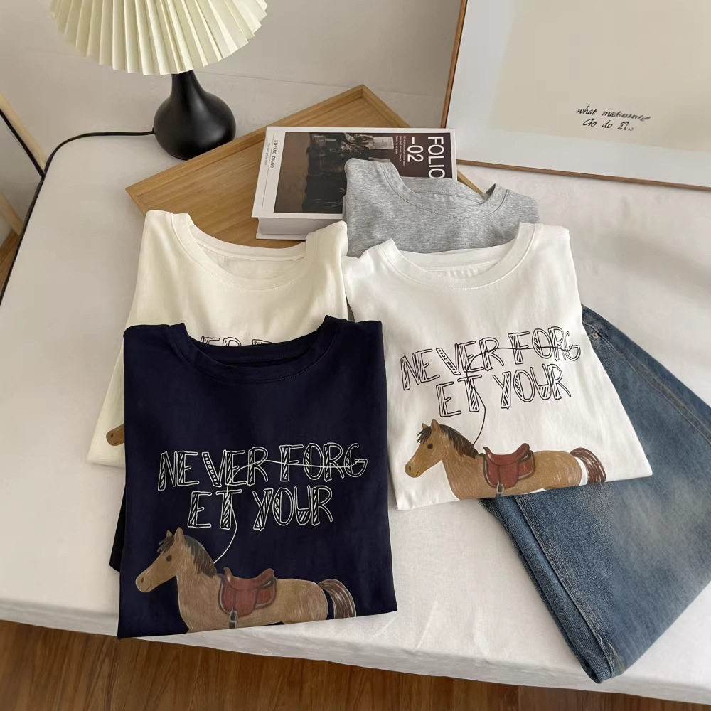 韩系chic圆领马印花短袖t恤衫 夏季薄款半袖套头休闲上衣体恤衫女