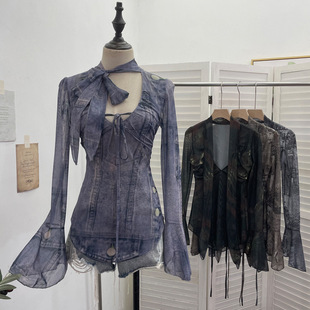 小众复古薄款晕染系带网纱长袖上衣 v领低胸花色喇叭袖t恤衫小衫